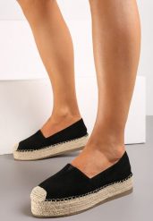 Czarne Wsuwane Espadryle na Grubej Podeszwie z Jutowej Plecionki Alarnia. Czarne espadryle damskie Renee, na lato, bez wzorów, z jeansu, eleganckie, bez obcasa, bez zapięcia. Za 59.99 zł.