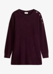 Sweter z mieszanki wiskozy, z ozdobną plisą guzikową. Czerwone swetry damskie bonprix, bez wzorów, z dzianiny, eleganckie, bez kołnierzyka, bez ramiączek, bez kaptura. Za 124.99 zł.