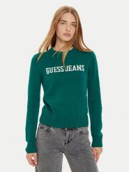 Guess Jeans Sweter W4BR10 Z3HM1 Zielony Regular Fit. Zielone swetry damskie Guess Jeans, m, z aplikacjami, z bawełny, bez kołnierzyka, bez ramiączek, bez kaptura. Za 299.99 zł.