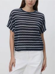 Wzorzysta bluzka - granatowy. Niebieskie bluzki damskie Reserved, l, bez wzorów, z dzianiny, bez kołnierzyka, bez ramiączek. Za 79.99 zł.