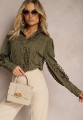 Ciemnozielona Ażurowa Koszula z Elegancką Stójką Manuella. Zielone bluzki damskie Renee, l, z aplikacjami, eleganckie, bez kołnierzyka, bez ramiączek. Za 59.99 zł.
