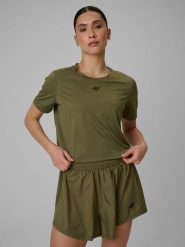 4F Crop top treningowy slim szybkoschnący damski - oliwkowy XL. Brązowe koszulki sportowe damskie 4f, l, bez wzorów, bez kołnierzyka, bez ramiączek, na fitness i siłownię. Za 119.99 zł.