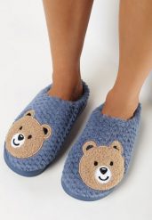 Granatowe Kapcie z Miękkiego Futerka Ozdobione Misiem Geraja. Niebieskie kapcie damskie Born2be, bez wzorów, z jedwabiu. Za 29.99 zł.