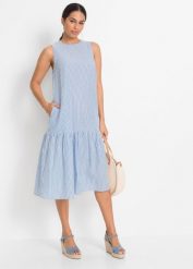 Sukienka midi w fasonie o linii litery A. Niebieskie sukienki damskie bonprix, na lato, bez wzorów, bez kołnierzyka, bez ramiączek, midi. Za 169.99 zł.