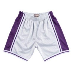 Szorty Los Angeles Lakers platinum. Szare krótkie spodenki sportowe męskie Mitchell & Ness, bez wzorów, do koszykówki. Za 377.50 zł.