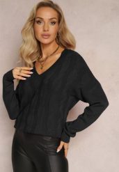 Czarny Sweter o Klasycznym Fasonie z Dekoltem V Ezechiele. Czarne swetry damskie Renee, bez wzorów, casualowe, bez kołnierzyka, bez ramiączek, bez kaptura. Za 84.99 zł.