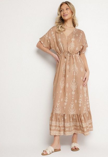 Ciemnobeżowa Sukienka Rozkloszowana z Wiskozą w Boho Wzór z Falbaną Turaline. Brązowe sukienki damskie Born2be, na lato, l, bez wzorów, z wiskozy, boho, bez kołnierzyka, bez ramiączek, maxi, rozkloszowane. Za 79.99 zł.