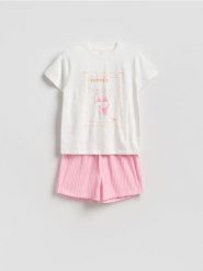 Bawełniana piżama z nadrukiem - różowy. Czerwone piżamy damskie Reserved, l, bez wzorów, z bawełny, bez ramiączek. Za 79.99 zł.