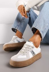 Szaro--Srebrne Sneakersy na Grubej Podeszwie z Ozdobnymi Przeszyciami Ysdole. Białe obuwie sportowe damskie Renee, bez wzorów, z materiału. Za 79.99 zł.