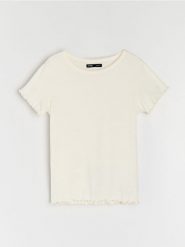 Prążkowana koszulka basic - kremowy. Białe t-shirty damskie Sinsay, l, bez wzorów, prążkowane, bez kołnierzyka. Za 25.99 zł.