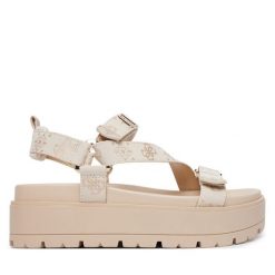 Sandały Guess. Brązowe sandały damskie Guess, z aplikacjami, bez obcasa, na płaskiej podeszwie, bez zapięcia. Za 529.99 zł.