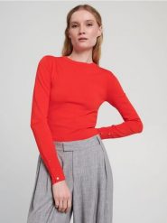 Sweter z ozdobnymi guzikami - pomarańczowy. Brązowe swetry damskie Sinsay, l, bez wzorów, ze skóry, bez kołnierzyka, bez ramiączek, bez kaptura. W wyprzedaży za 22.99 zł.