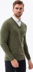 Ombre Sweter męski z białym kołnierzykiem - oliwkowy V5 E120 S. Białe swetry przez głowę męskie Ombre, m, bez wzorów, bez kołnierzyka. Za 69.99 zł.