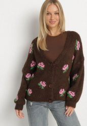 Brązowy Kardigan Oversize z Domieszką Wełny w Kwiatowy Wzór Nelenea. Brązowe kardigany damskie Born2be, bez wzorów, z jeansu. Za 169.99 zł.