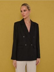 Wiskozowa marynarka dwurzędowa regular fit z domieszką lnu - czarny. Czarne żakiety damskie Sinsay, l, bez wzorów, z wiskozy. Za 79.99 zł.