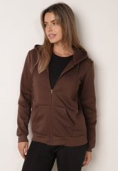 Brązowa Rozpinana Bluza z Kapturem Bawełną i Sznurkami Viltara. Brązowe bluzy damskie Born2be, l, bez wzorów, z bawełny, z kapturem. Za 59.99 zł.