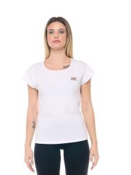 Koszulka damska Leone 1947 Apparel z elastycznej bawełny ze złotym logo. Białe koszulki sportowe damskie LEONE 1947 APPAREL, s, bez wzorów, z bawełny, bez kołnierzyka, bez ramiączek, na fitness i siłownię. Za 42.06 zł.