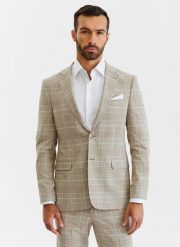 PAKO LORENTE – Beżowa marynarka męska w kratę. Brązowe marynarki męskie Pako Lorente, bez wzorów, z elastanu, boho. Za 649.99 zł.