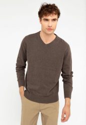 Sweter z dekoltem w serek S-STIG. Brązowe swetry przez głowę męskie Volcano, m, bez wzorów, z bawełny, bez kołnierzyka. Za 139.99 zł.