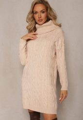 Beżowa Mini Sukienka ze Sweterkowej Dzianiny z Szerokim Golfem i Ściągaczami Jilenma. Brązowe sukienki damskie Renee, na jesień, m, bez wzorów, z dzianiny, bez kołnierzyka, bez ramiączek, mini. Za 99.99 zł.