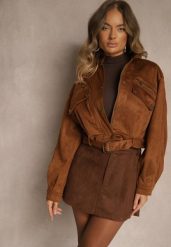 Brązowa Spódnica VICES Mini Stylizowana na Zamszową Tivite. Brązowe spódnice damskie Renee, l, bez wzorów, z zamszu, eleganckie, mini, koszulowe. Za 79.99 zł.