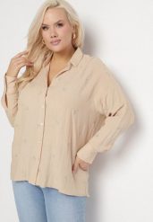 Beżowa Koszula Bawełniana w Hafty Liście Tleffia. Brązowe bluzki damskie Born2be, xl, bez wzorów, z bawełny, eleganckie, bez kołnierzyka, bez ramiączek. Za 99.99 zł.