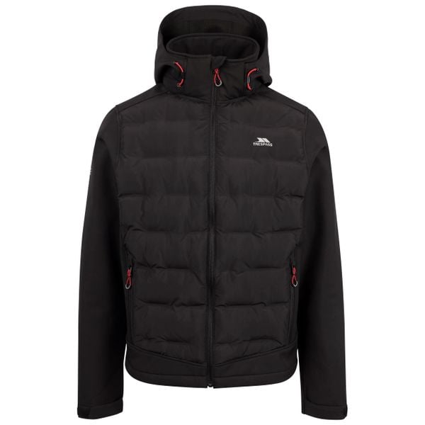 Trespass Alwero- Męska hybrydowa kurtka softshell Tp-75 czarna. Czarne kurtki męskie Trespass, m, z aplikacjami, z gumy, z kapturem. Za 336.35 zł.