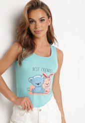 Jasnoniebieski Top z Elastycznej Bawełny z Uroczym Nadrukiem z Przodu Iviolia. Niebieskie bluzki damskie Born2be, m, bez wzorów, z bawełny, klasyczne, bez kołnierzyka, bez ramiączek. Za 29.99 zł.