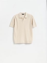 Strukturalny sweter polo - beżowy. Brązowe swetry przez głowę męskie Reserved, l, bez wzorów, z bawełny, bez kołnierzyka. Za 129.99 zł.