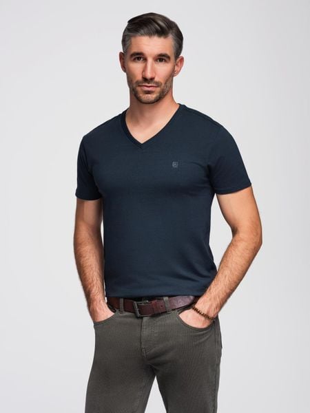 T-shirt męski V-NECK z elastanem - granatowy V2 - Rozmiar: M. Niebieskie t-shirty męskie Ombre Clothing, m, bez wzorów, z bawełny, klasyczne, bez kołnierzyka. W wyprzedaży za 19.99 zł.