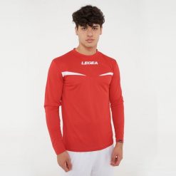Męska Koszulka do Biegania z Długim Rękawem Czerwono-Biała. Białe koszulki sportowe męskie Legea, m, bez wzorów, z bawełny, bez kołnierzyka, bez ramiączek, do biegania. Za 56.00 zł.