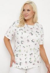Biały T-shirt Koszulka z Krótkim Rękawem w Kwiaty Nleessa. Białe bluzki damskie Born2be, l, bez wzorów, z jeansu, eleganckie, bez kołnierzyka, plus size, bez ramiączek. Za 29.99 zł.