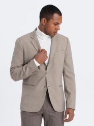 Męska elegancka marynarka z dekoracyjnymi guzikami na mankietach - beżowa V3 OM-BLZB-0114 - XL. Brązowe marynarki męskie Ombre Clothing, bez wzorów, z poliesteru, eleganckie. W wyprzedaży za 149.99 zł.