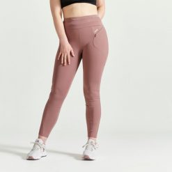 Legginsy fitness damskie Domyos. Brązowe legginsy damskie DOMYOS, l, bez wzorów, z materiału, z podwyższonym stanem, długie, na fitness i siłownię. Za 69.99 zł.