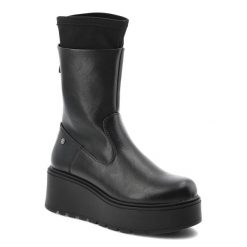 Czarne Botki Maciejka Stylowe Buty Damskie Na Platformie. Czarne kozaki damskie Maciejka, ze skóry, bez obcasa, na platformie. Za 271.99 zł.
