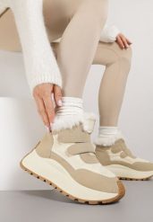 Beżowe Sneakersy Śniegowce Vices z Futerkiem na Platformie Zapinane na Rzep Nelosena. Brązowe śniegowce i trapery damskie Renee, z futra. Za 119.99 zł.