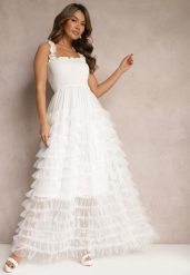 Biała Koktajlowa Sukienka Maxi z Tiulowymi Falbankami Amiusa. Białe sukienki damskie Renee, na imprezę, na lato, s, bez wzorów, z tiulu, wakacyjne, bez kołnierzyka, bez ramiączek, maxi. Za 99.99 zł.