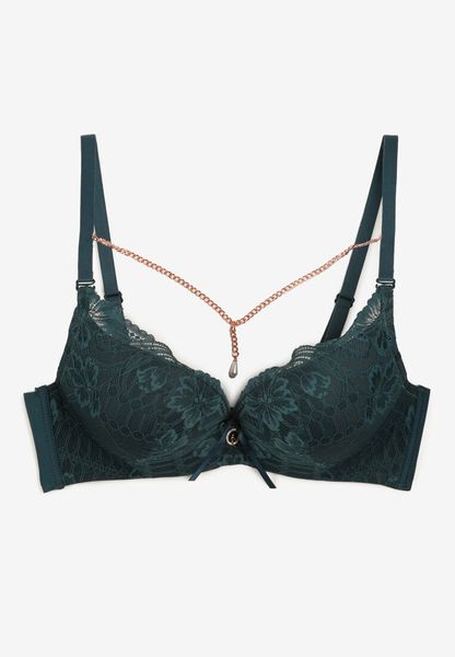 Ciemnozielony Biustonosz Push Up Ozdobiony Łańcuszkiem z Kryształkiem Brinanna. Zielone biustonosze Renee, bez wzorów. Za 34.99 zł.