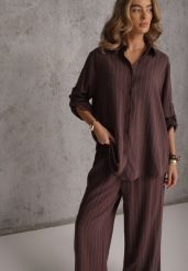 Brązowy Komplet z Wiskozy i Lnu w Delikatne Prążki Koszula i Spodnie Wide Leg Cliffesa. Brązowe koszule damskie Renee, l, bez wzorów, ze lnu. Za 209.99 zł.