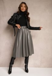 Szara Plisowana Spódnica w Stylu Preppy o Rozkloszowanym Kroju High Waist z Paskiem Iriviel. Szare spódnice damskie Renee, s, bez wzorów, eleganckie, z podwyższonym stanem, midi, proste. Za 79.99 zł.