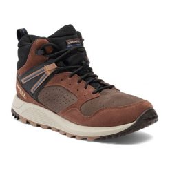 Buty turystyczne męskie Merrell Wildwood Sneaker Boot Mid WP. Brązowe buty sportowe męskie Merrell, bez zapięcia, na fitness i siłownię. Za 359.99 zł.