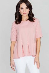 Elegancka Różowa Bluzka z Kontrafałdami z Przodu. Czerwone bluzki damskie Katrus, m, bez wzorów, z materiału, eleganckie, bez kołnierzyka, bez ramiączek. Za 199.00 zł.