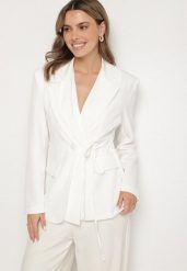 Biała Marynarka z Ozdobnym Wiązaniem Lenirin. Białe żakiety damskie Born2be, l, bez wzorów, z jeansu, eleganckie. Za 109.99 zł.