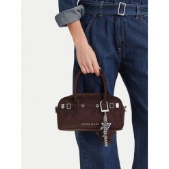 Torebka Guess Jeans. Brązowe torebki do ręki damskie Guess Jeans, z aplikacjami, z jeansu, bez dodatków. Za 269.99 zł.
