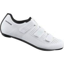 Rower szosowy - buty kolarskie SH-RC100. Białe buty sportowe męskie Shimano, z nylonu, bez zapięcia, rowerowe. Za 387.40 zł.