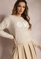 Beżowy Sweter z Ozdobnym Napisem Wykończony Ściągaczami Minisoji. Brązowe swetry damskie Renee, l, bez wzorów, z elastanu, casualowe, bez kołnierzyka, bez ramiączek, bez kaptura. Za 99.99 zł.