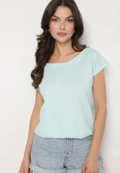 Jasnoniebieski Bawełniany T-shirt w Klasycznym Stylu Raliessa. Niebieskie bluzki damskie Born2be, l, bez wzorów, z bawełny, klasyczne, bez kołnierzyka. Za 34.99 zł.