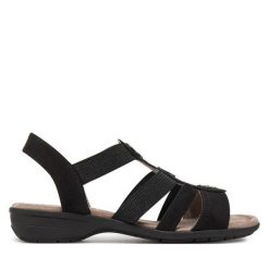 Sandały Jana. Czarne sandały damskie JANA, bez wzorów, bez obcasa, na płaskiej podeszwie, bez zapięcia. Za 149.99 zł.