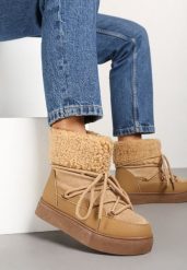 Brązowe Śniegowce Futerkowe na Platformie ze Sznurowaną Cholewką Izalithia. Brązowe śniegowce i trapery damskie Renee, z futra. Za 99.99 zł.