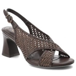Sandały damskie Tamaris, cholewka ze skóry ekologicznej i materiału tekstylnego plecionego z krzyżującymi się paskami na stabilnym obcasie, brązowe,. Brązowe klapki damskie Tamaris, bez wzorów, ze skóry ekologicznej, bez obcasa, na obcasie. Za 289.00 zł.